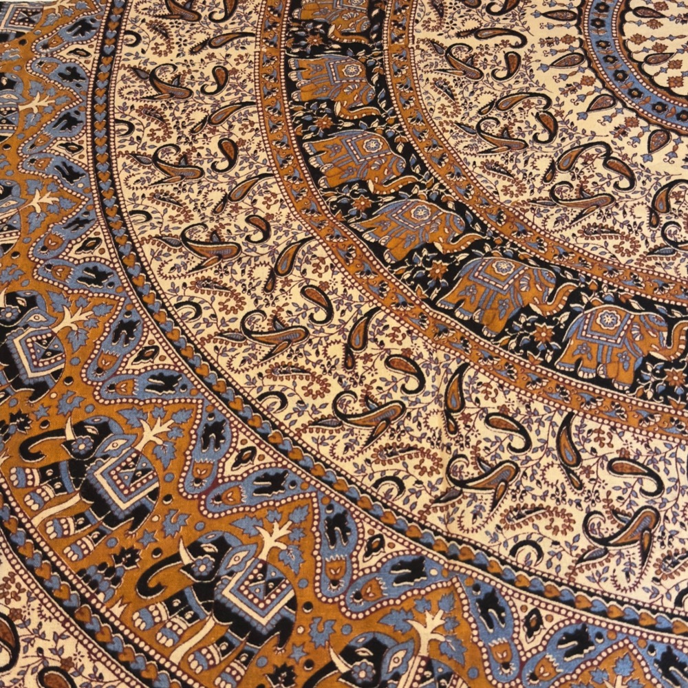 Elephant Mandala Tapestry Blue Gold Paisley Cotton 76x84 Wall Hanging